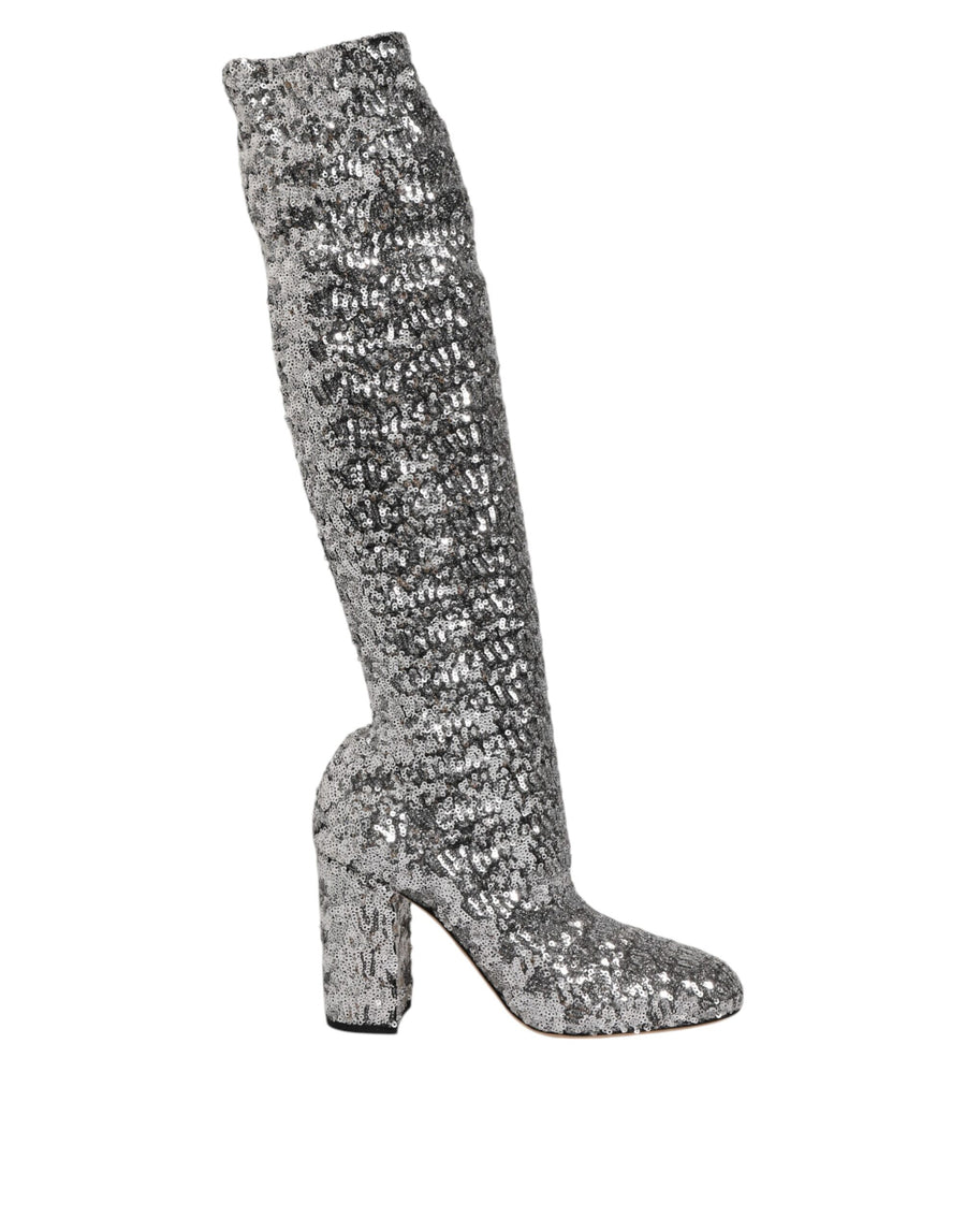 Dolce & Gabbana Shoes Silver Sequins Glitter High Heel Boot Shoes