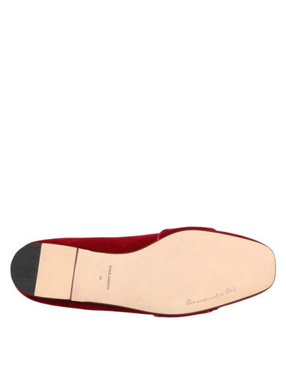 Dolce & Gabbana Red Velvet Crystal Buckle Loafers Flats Shoes