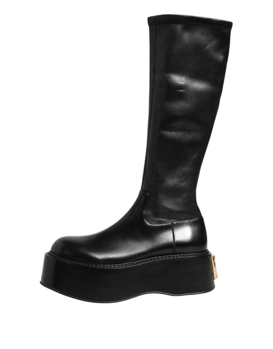 Dolce & Gabbana Black Logo Plaque Over The Calf Boots Shoes