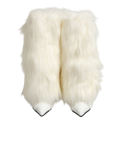 Dolce & Gabbana White Fur Pointed Knee High Stiletto Boots Shoes