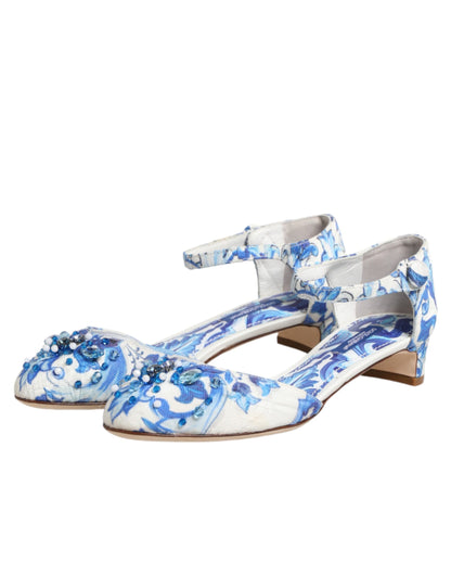 Dolce & Gabbana White Blue Floral Crystal Ankle Straps Shoes