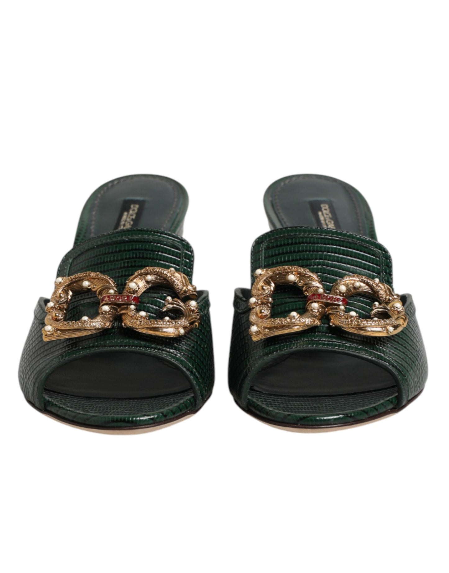 Dolce & Gabbana Green DG Amore Heel Slides Sandals Shoes