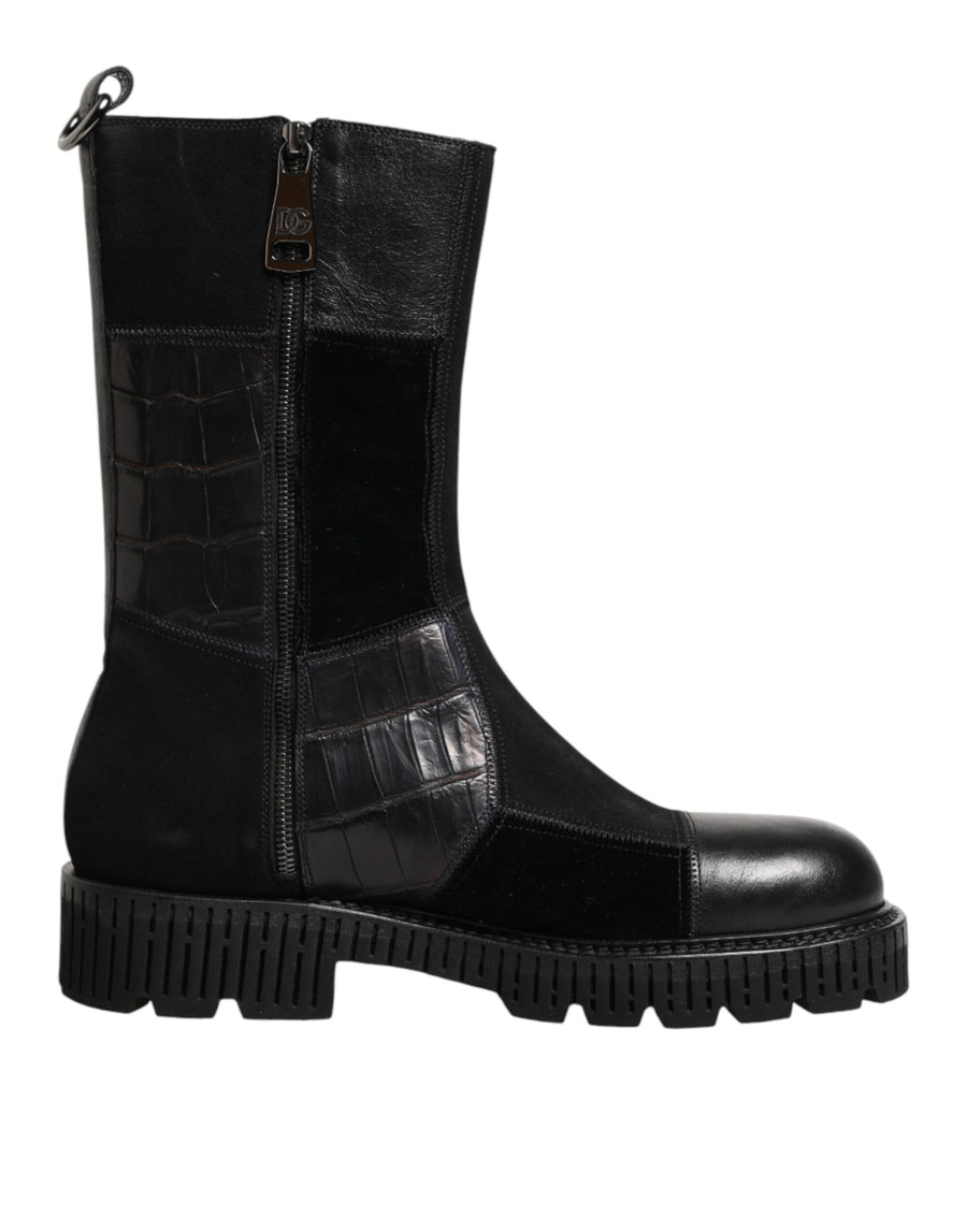 Dolce & Gabbana Black Patchwork Leather Mid Calf Boot  Shoes
