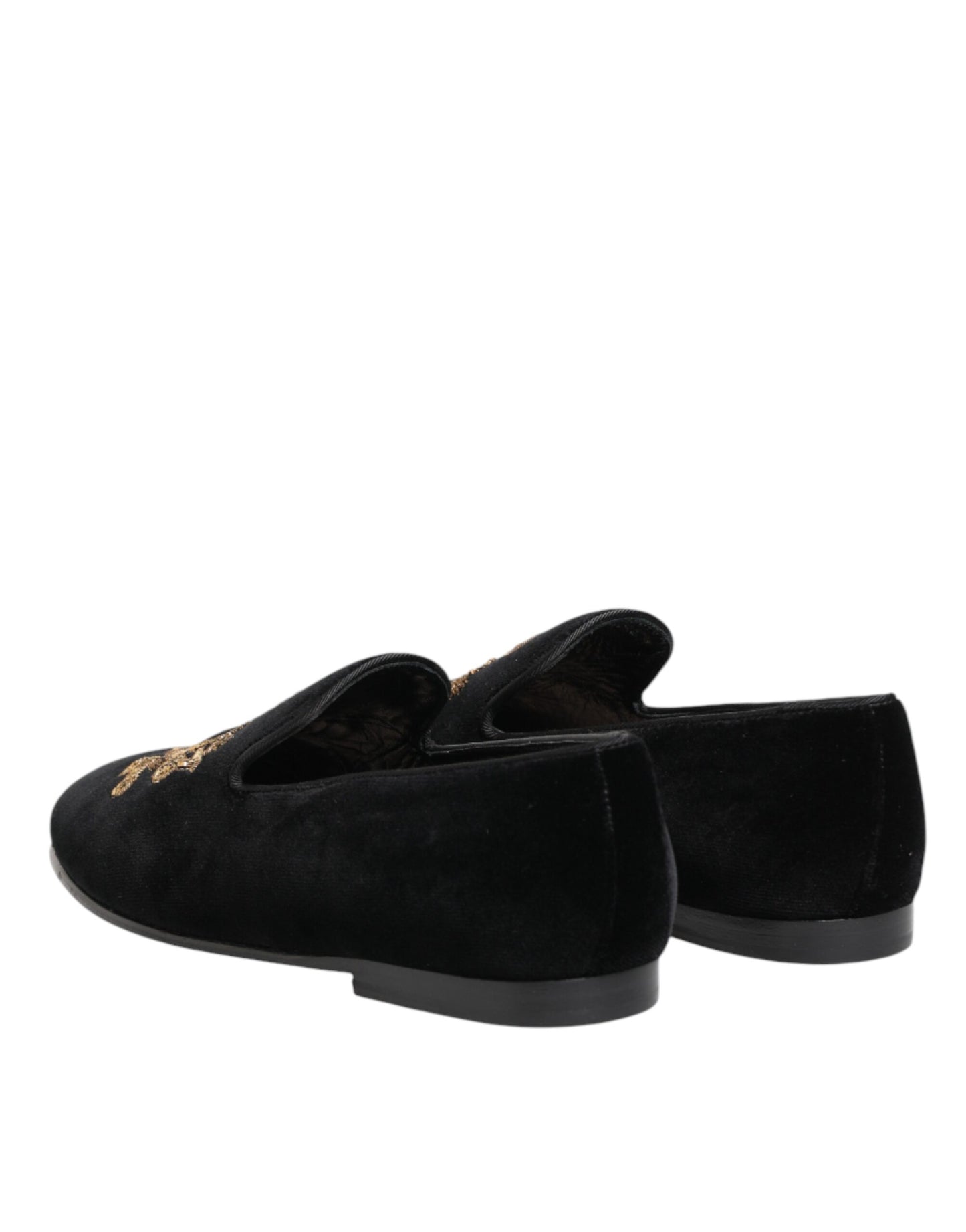 Dolce & Gabbana Black Velvet Gold Crown Mens Loafers Shoes