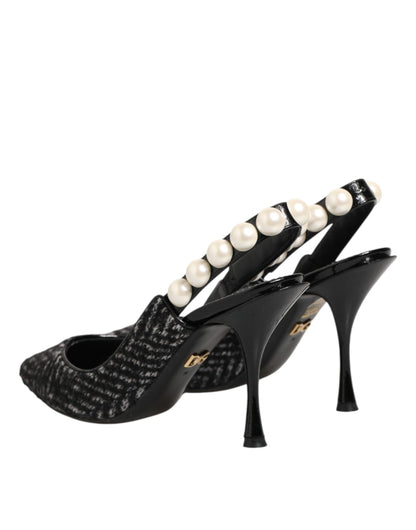 Dolce & Gabbana White Black Chevron Faux Pearl Slingbacks Shoes